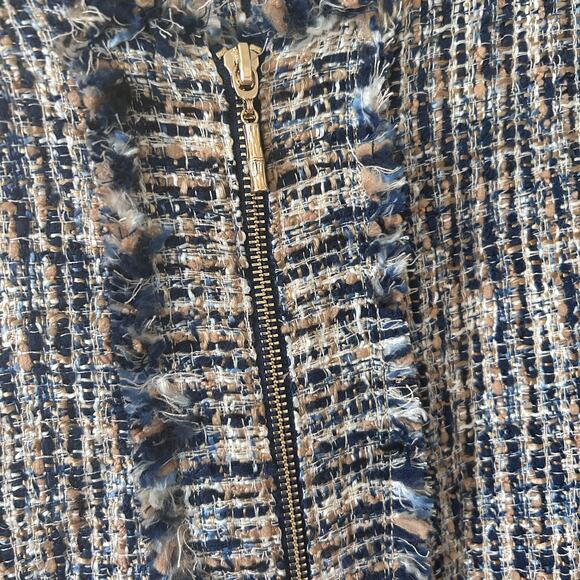 J. McLaughlin Navy Blue and Gold Tweed Fringed Walden Coat Size XL - Picture 2 of 5
